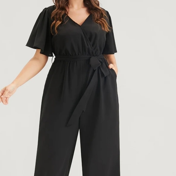 Bloomchic V Neck Double Flutter Sleeve Jumpsuit - Picture 1 of 16